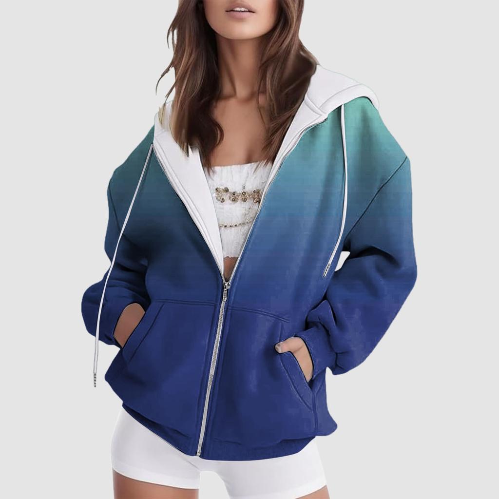 2024 Новая женская толстовка с капюшоном с градиентом, зимняя, с длинным рукавом, на шнурке, с капюшоном, с двойными карманами, на молнии, повседневная уличная одежда
