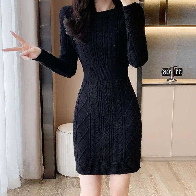 Knitted Sweater Dress Women Autumn/Winter O Neck Long Sleeve Solid Wrapped Hip Bottom Fur Dress Sweater Pullover Female