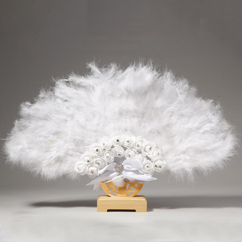 Свадебный веер с перьями, двухслойный кружевной пластиковый веер, элегантный веер с белыми перьями