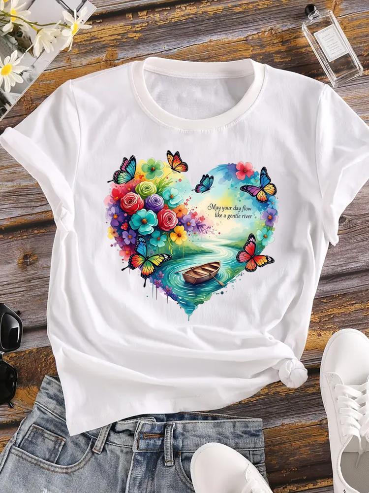 (Азиатский размер) модный love heart цветок футболки Печатная одежда Женская с круглым вырезом С коротким рукавом Женский топ Повседневная футболка Модная женская графическая футболка