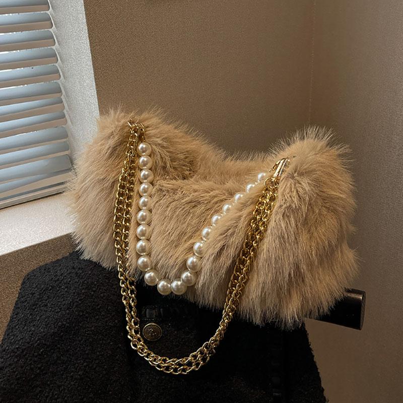 Autumn Winter Cute Plush Bag New Women's Popular Pearl Chains Crossbody Solid Color Fashion Single Shoulder Fur Pack Korean