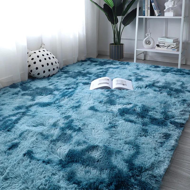 Rainbow Fluffy Carpet Tie-dye Plush Rug Gradient Silk Wool Bedside Rug Non-Slip Mat Soft Plush Area Carpet Room Decoration