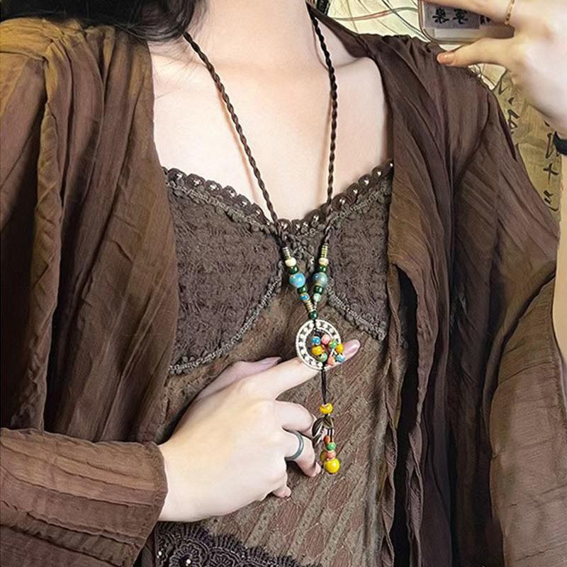 Vintage Bohemian Style Ceramic Beaded Woven Necklace For Women Girls Ethnic Style Long Necklace Jewelry Accessories Gifts
