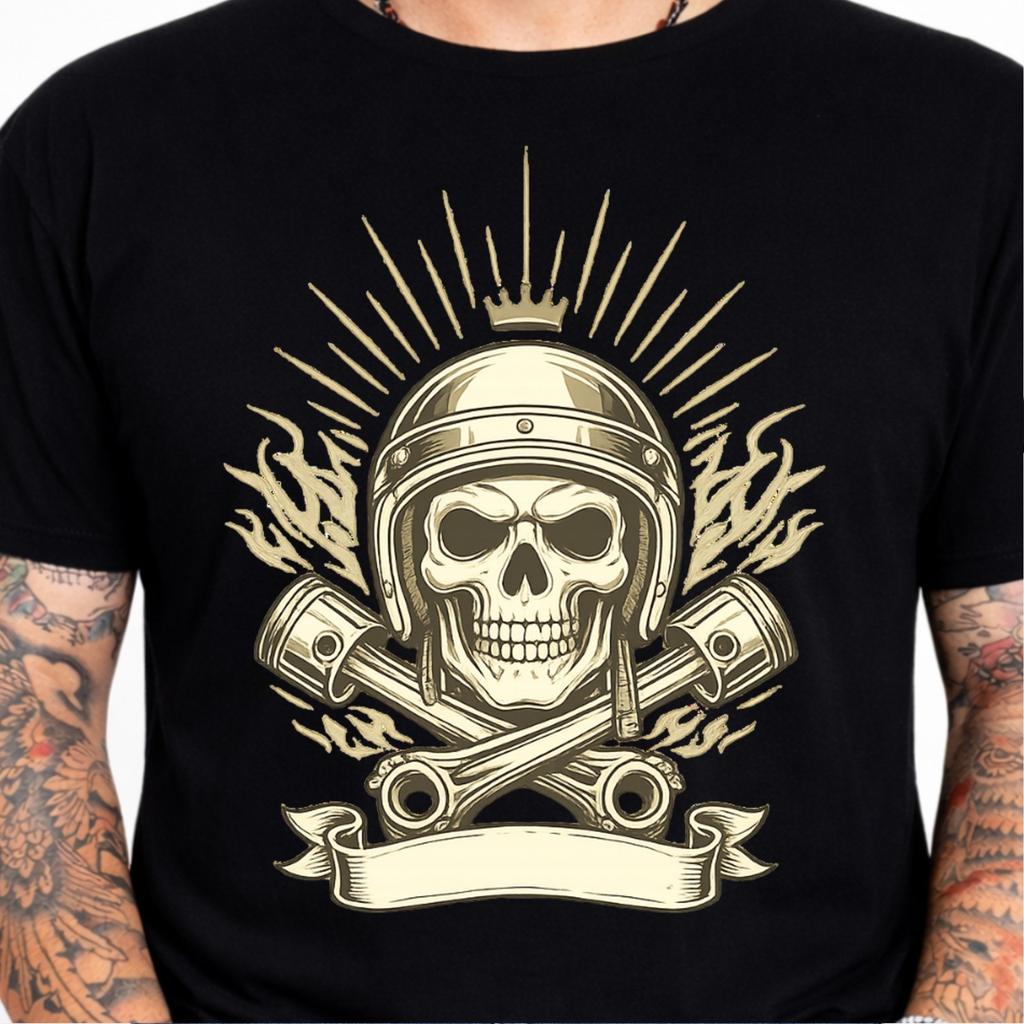 Skull Biker Helmet Crossed Pistons Motorcycle Mechanic Vintage Retro Graphic Tee