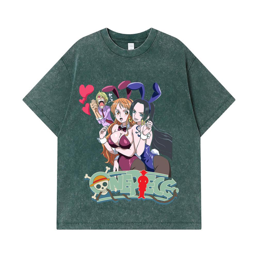 Стиранные футболки 275 г/м² 100% Хлопок One Piece V53 Нами Боа Принт Унисекс Тяжелая Хлопковая Футболка