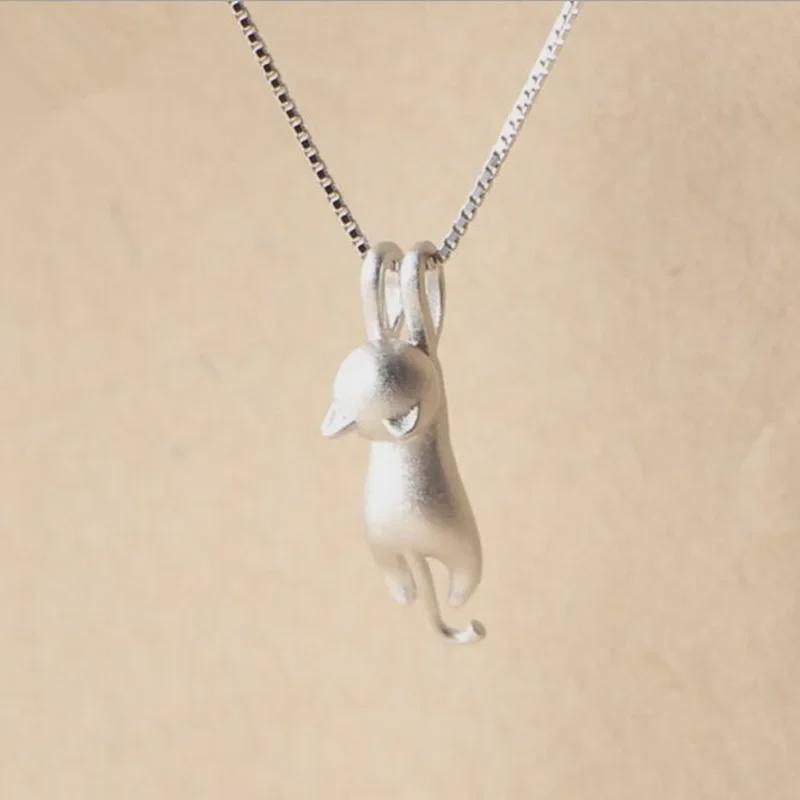 S925 Sterling Silver Sandblasted Cat Necklace Set - Cute Korean Fashion Jewelry