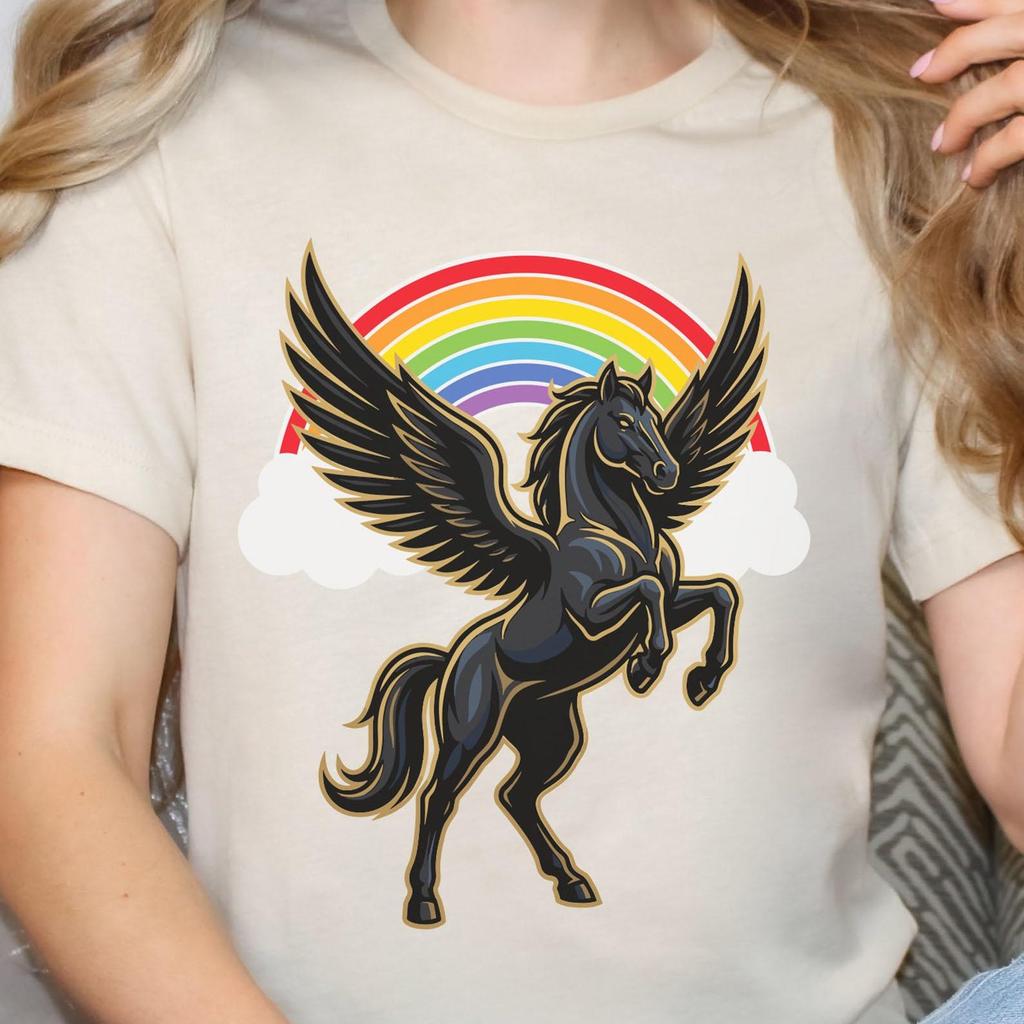 Black Pegasus with Rainbow Tee | Flying Mythical Horse Graphic