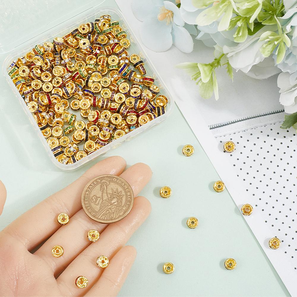 300pcs 10 Colors Brass Rhinestone Spacer Beads Grade A Rondelle 8x3.5mm Hole: 2mm Mixed Color 6x3mm Hole: 1mm 30pcs/color
