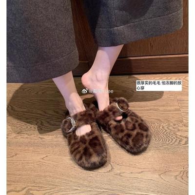 Пушистый леопардовый принт см толстая подошва пряжка с теплыми универсальными пушистыми тапочками женские весна и осень