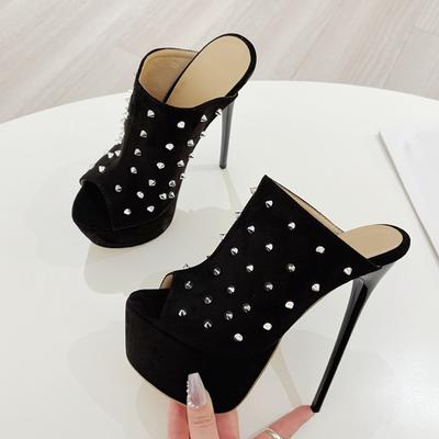 Модная обувь Liyke для подиума, женские сексуальные шлепанцы на шпильке 16 см, сандалии с дизайном металлических заклепок, летняя платформа, высокий каблук, туфли для вечеринок и стриптиза, черные