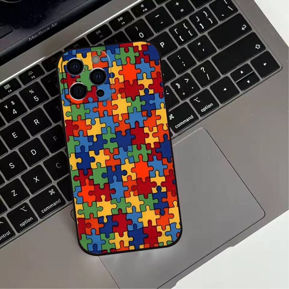Puzzle Art Support Autism Phone Case For iPhone 17,16,15,14,13,12,11 Plus,Pro Max,XS,Soft Silicone Black Cover