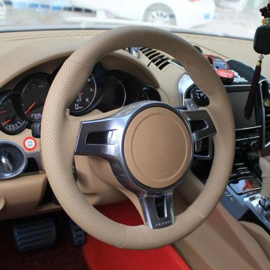 Beige Steering Wheel Leather Leather Cover Trim For Porsche Cayenne 2010-2014