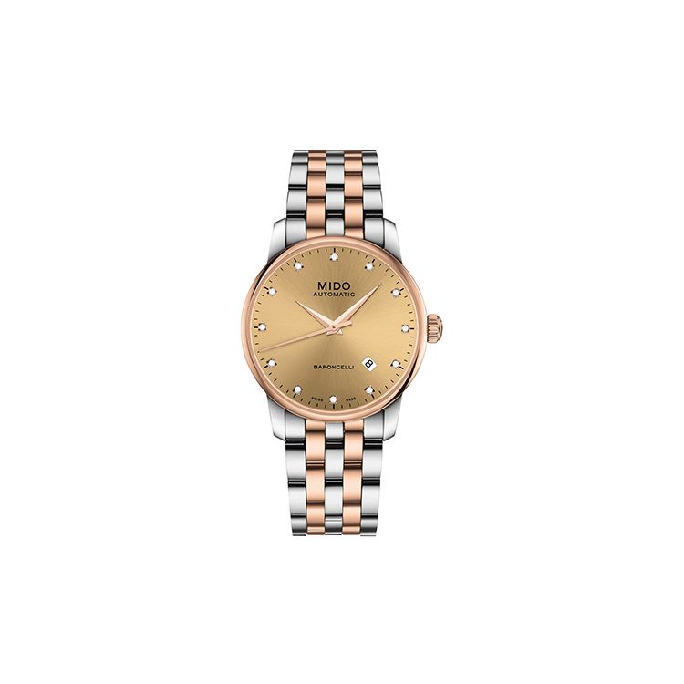 Mido Belem Celli Automatic Mechanical Movement 50M Water Resistant Watch 29Mm Gold Dial Stainless Steel Bracelet Women watches Silver M7600.9.67.1