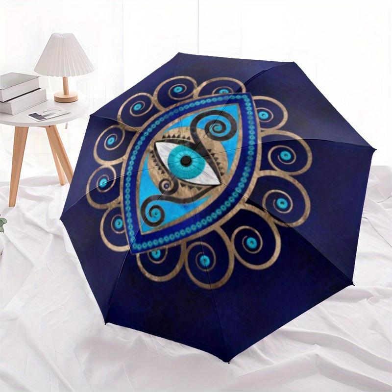 Elegant Evil Eye Decorative Plate Blue and Gold Mandala DesignUmbrella, Portable 3-Fold Compact Umbrella for Men & Women ES58