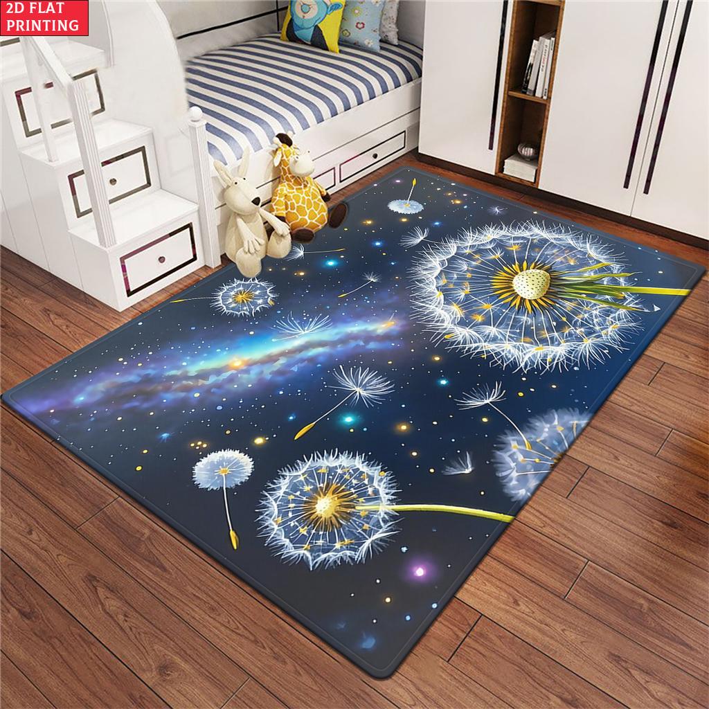 Dandelion Galaxy Area Rug, Night Sky Starry Flower Carpet for Living Room, Non-slip Nature Floor Mat for Bedroom Home Decor