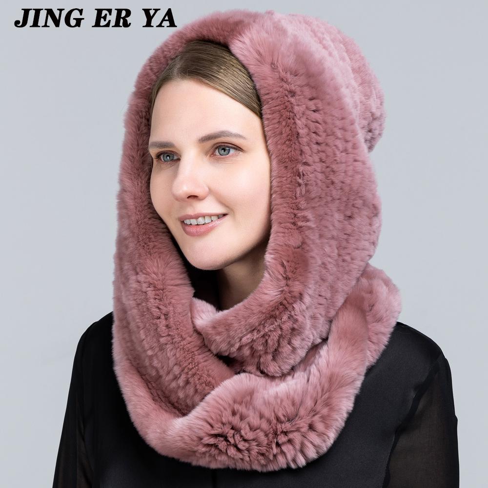 JINGERYA новая женская вязаная шапка с мехом кролика рекс, шарф с капюшоном, длинная зимняя теплая меховая шапка с шейным воротником, шарфы, шапка, шарф