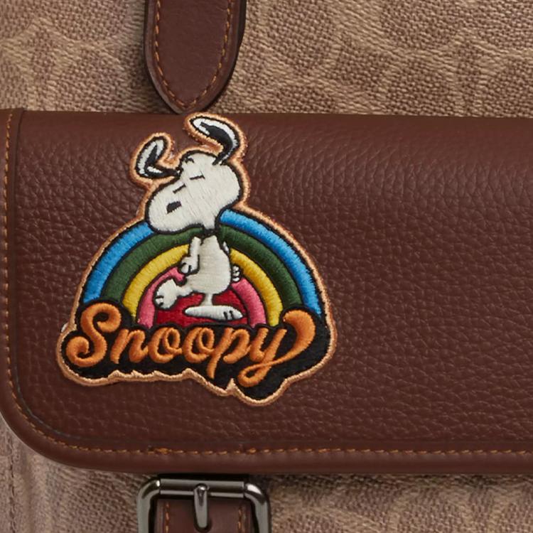 Coach x Peanuts Snoopy Khaki Signature Canvas Large Flap Backpack with Patches for Daily Use