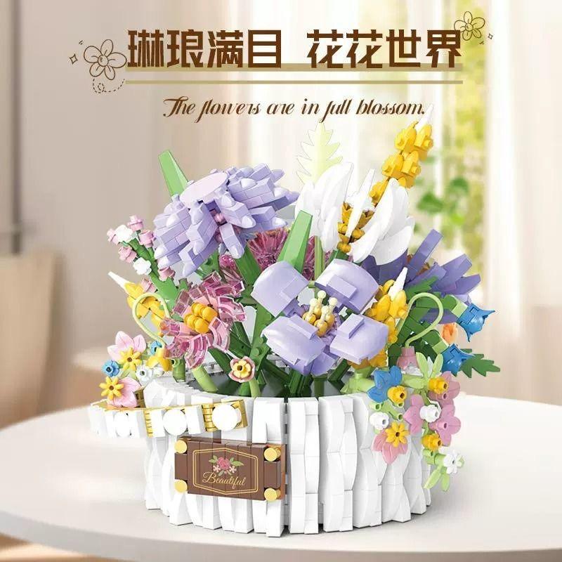 Вечная цветочная корзина, конструктор, игрушки для сборки, домашнее украшение, серия цветов из строительных блоков в качестве подарков для девочек