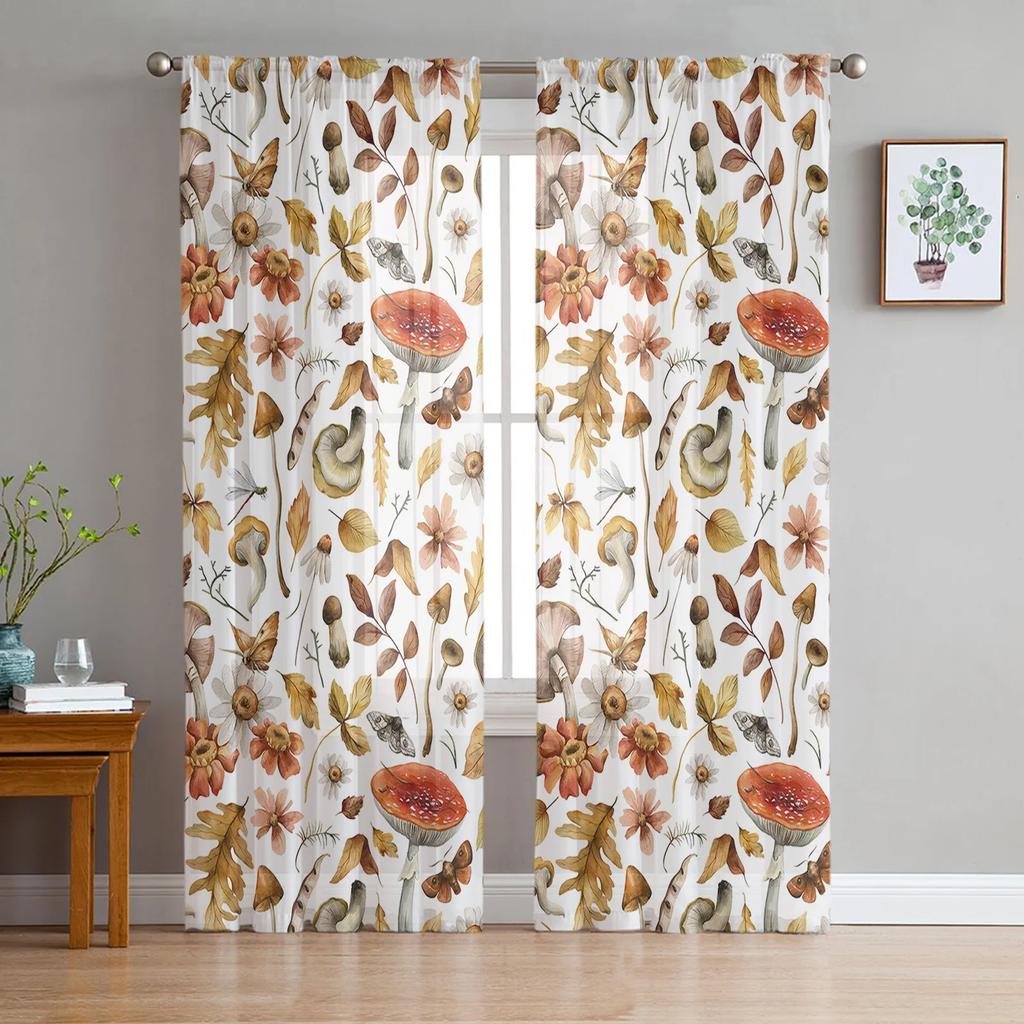 Mushroom Plant Vintage Translucent Curtains for Bedroom Living Room Decoration Window Drape ideal for Kitchen Area Tulle Voile Organza Curtains
