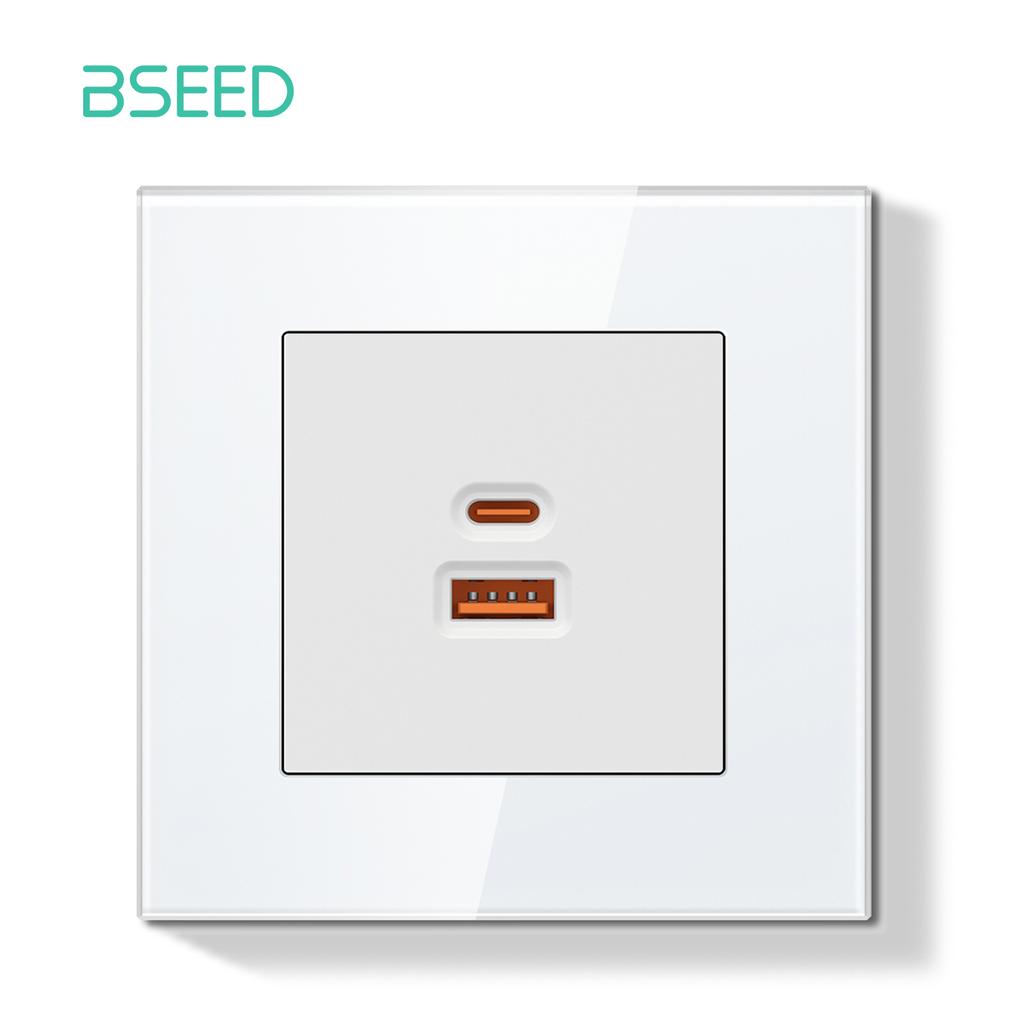 BSEED Switch Light Switch White Glass Frame Wall Power Sockets USB-C Phone Charge E-Series EU Standard 1 Way
