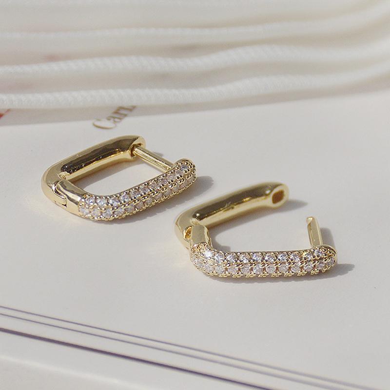 Серьги-замки с квадратным креплением, простого дизайна, 14 карат, настоящее золото, изысканные женские серьги с инкрустацией из меди и циркония, ювелирные изделия