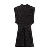 Y2K Winter Black Sequin Mini Dress with Shoulder Pads - Sleeveless Evening Wear