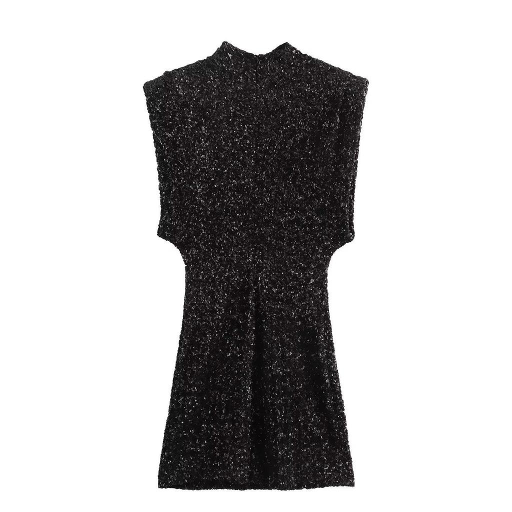 Y2K Winter Black Sequin Mini Dress with Shoulder Pads - Sleeveless Evening Wear