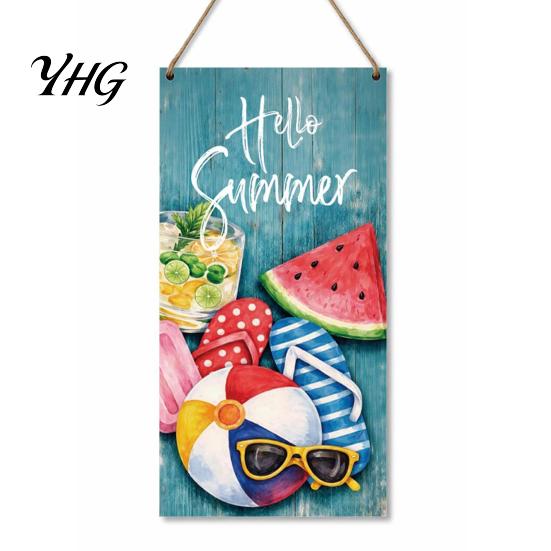 Porch Hanging Sign Summer Wooden Sign, Welcome Front Door Decor with Refresh Home Rope, Colorful Hanger for Seasonal Farmhouse Beach House Ready