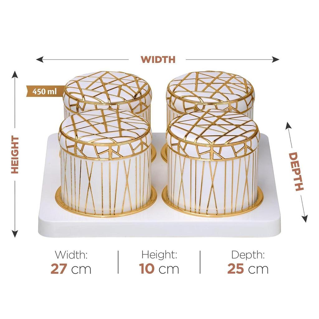 Набор герметичных контейнеров для сухофруктов Royal Linex - 4 штуки (по 450 мл каждый), Миски для закусок с подносом, Классический белый, Поднос для сервировки с мисками для закусок