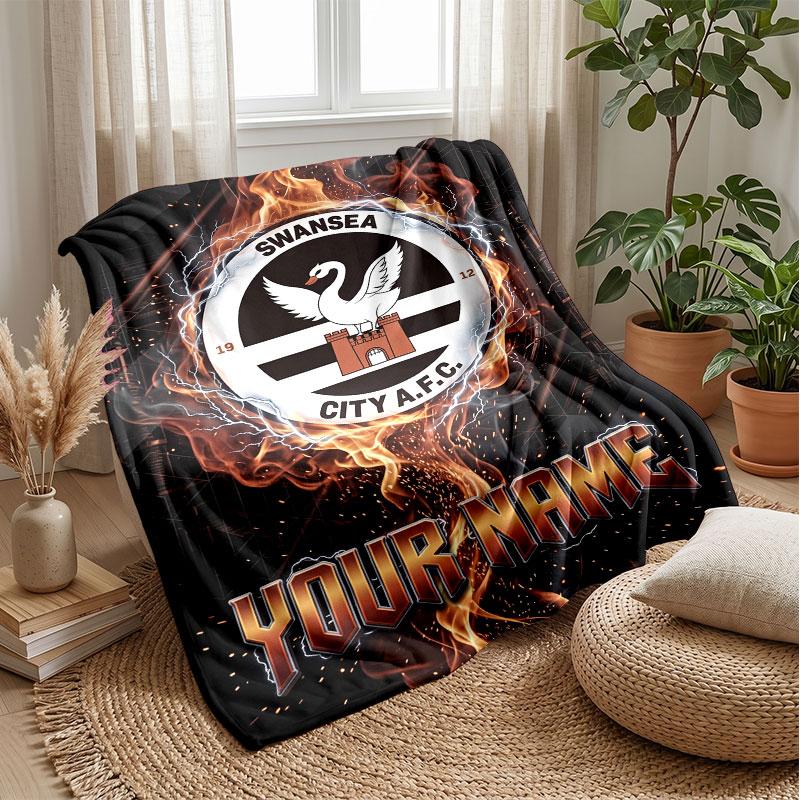 Swansea City FC Custom Name Text Flannel Blanket Soccer Logo Personalized Fleece Throw Blanket Special Gift For Sofa Bedroom Home