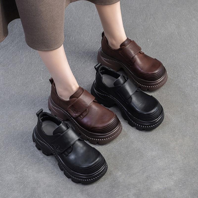 Johnature Туфли в стиле ретро с круглым носком и толстой подошвой. Повседневные женские туфли на платформе с застежкой-липучкой из натуральной кожи.
