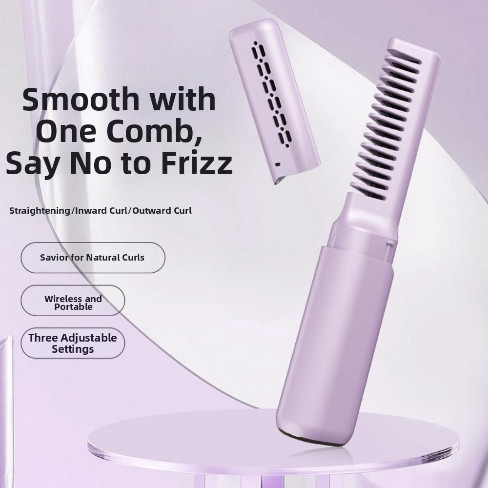 USB Rechargeable Hair Straightener Brush Frizz-Free Hair Styling Iron Heated Brush Comb Home Use