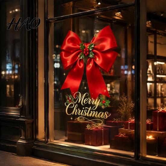 Seasonal Home Decoration Christmas Bow Window Sticker, Red Static Cling, Waterproof Party Decor Removable PVC Decal for Holiday Glass Windows
