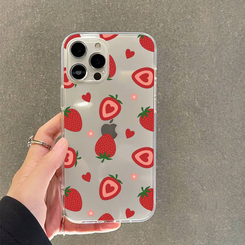 Милый мультяшный чехол-клубничка для iPhone 11 12 13 14 Mini Pro Max XR X XS, прозрачный TPU чехол для 8 7 6 Plus SE 2020
