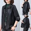 Women Jacket Faux Leather Smooth Surface Turn-down Collar Single-breasted Pockets Long Sleeves Retro Motorcycle Coat Plus Size Travel Outerwear
