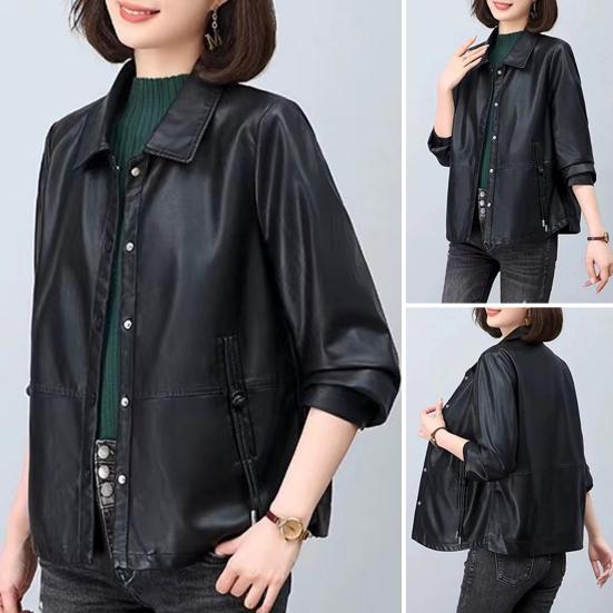 Women Jacket Faux Leather Smooth Surface Turn-down Collar Single-breasted Pockets Long Sleeves Retro Motorcycle Coat Plus Size Travel Outerwear