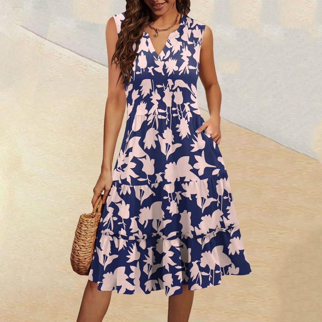Женские летние повседневные платья без рукавов с V-образным вырезом и плиссированными оборками в винтажном стиле с цветочным принтом
