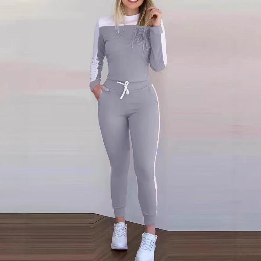 Новый повседневный комплект для通勤 из лонгслива и брюк в стиле колор-блок