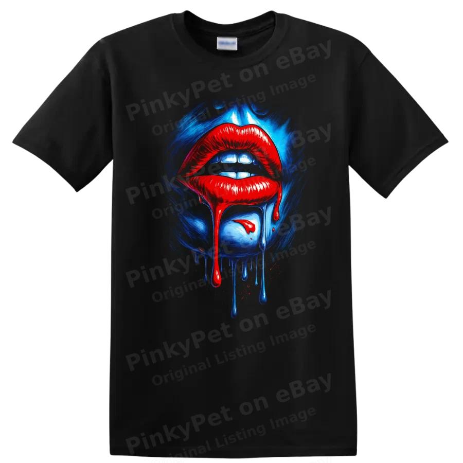 Lips Dripping Red Blue Urban Streetwear T Shirt Graphic Tee Fashion Art