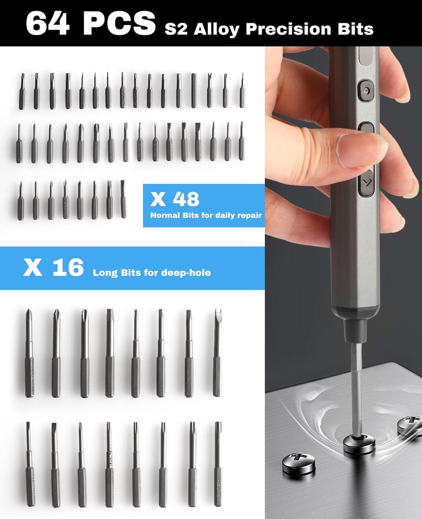 Набор прецизионных электрических отверток 68 в 1, мини-аккумуляторные 64 биты S2, 5 настроек крутящего момента, светодиодный индикатор для ремонта электроники ПК, радиоуправляемого оборудования
