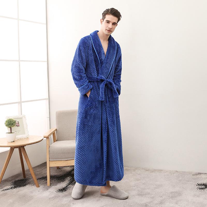 Plus Size Men's Autumn Winter Bathrobe Couple's Thickened Long Robe Solid Waist-tie Loungewear with Pockets