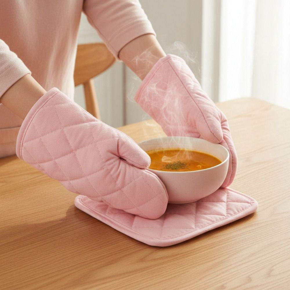 Rhomboid Texture Quilted Oven Mitt Set Anti-Scalding Kitchen Insulated Pad Potholder Hot Bowl