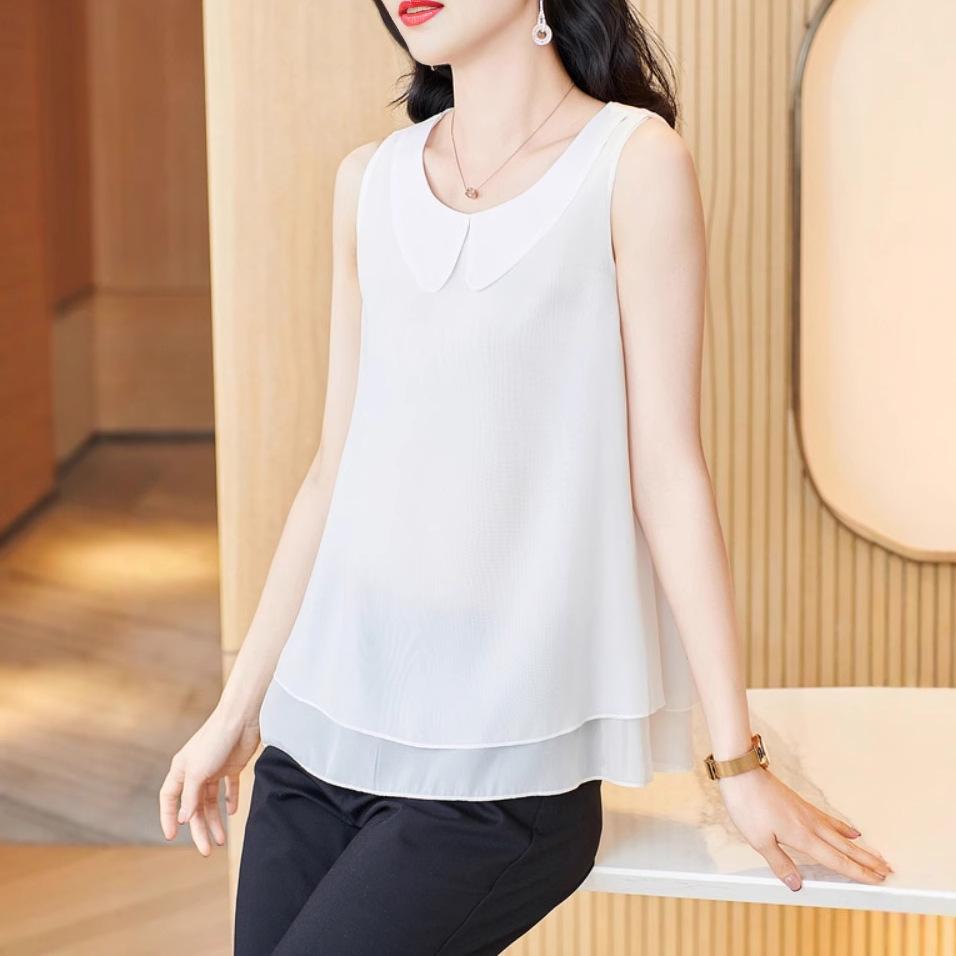 Серый жилет с кукольным воротником и подтяжками для женщин, весенний новый дизайн, свободный шифоновый топ без рукавов