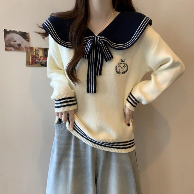 Осень и зима Матросский воротник Колледж Ветер Отдел Матросский воротник Маленький свежий дизайн Свободный Вязаный свитер с вышивкой медведя Волосы