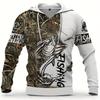 2024 Men's Casual Fishing Pattern 3D Print Hooded Sweatshirt Fashion Long Sleeve Tops Graphic Hoodie with Kangaroo Pocket