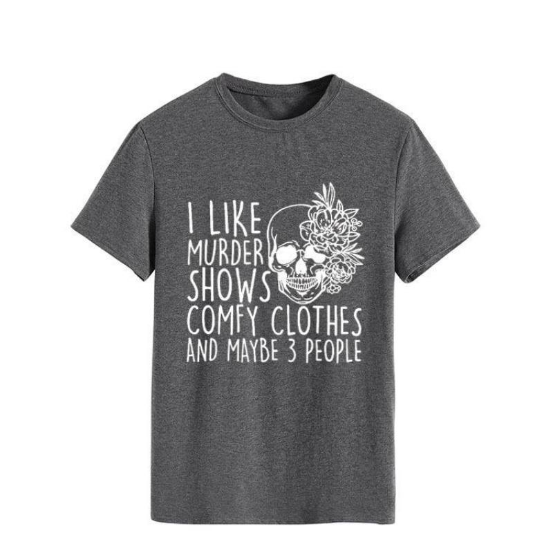 Hooded Simple Round Neck Top T-shirt I LIKE MURDER Printed Loose Round Neck Pure Cotton Short Sleeved Shirt T-Shirts Women’s