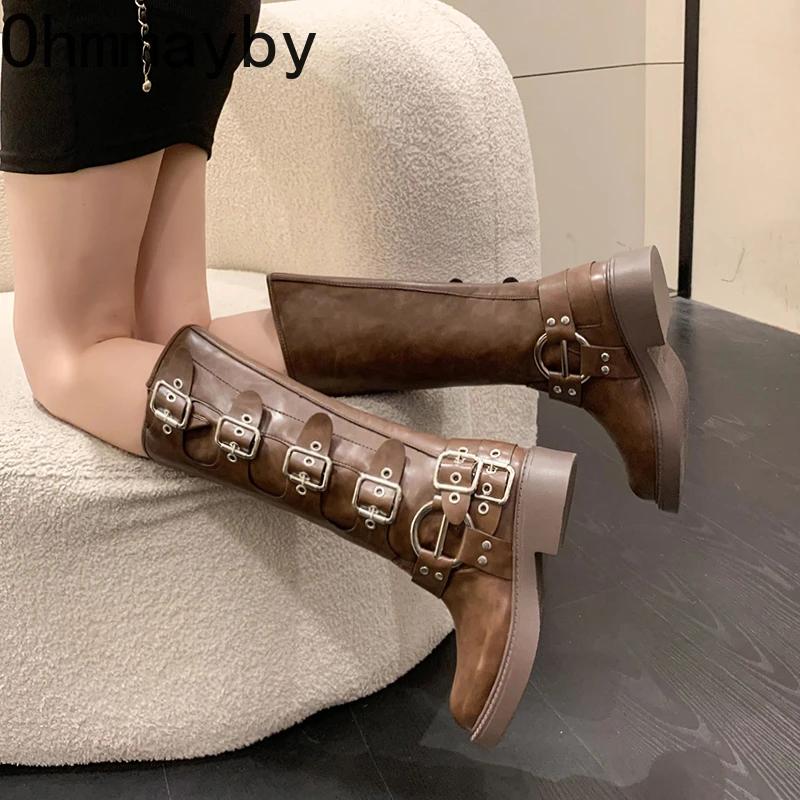 Fashion Women High Knight Boots Fashion Belt Buckle Slip On Long Booties Retro Style Autumn Winter Female Elegant Low Heel Shoes