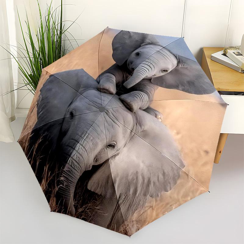 1pc Elephant Family Automatic Folding Umbrella Automatic Open/Close, 8-Rib Durable Frame, Compact Travel Umbrella Suitable014