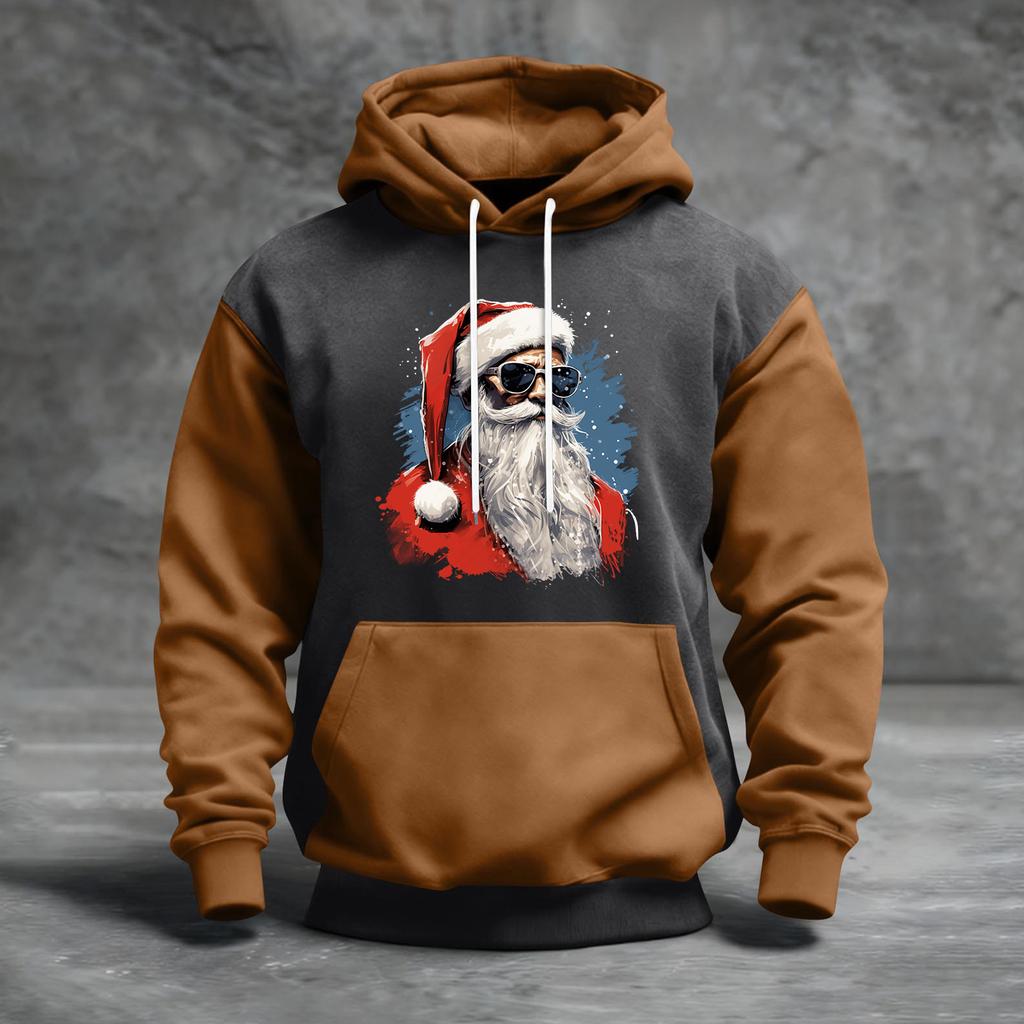 Мужской рождественский свитшот с капюшоном, повседневный, спортивный, удобный, с цветными блоками и принтом