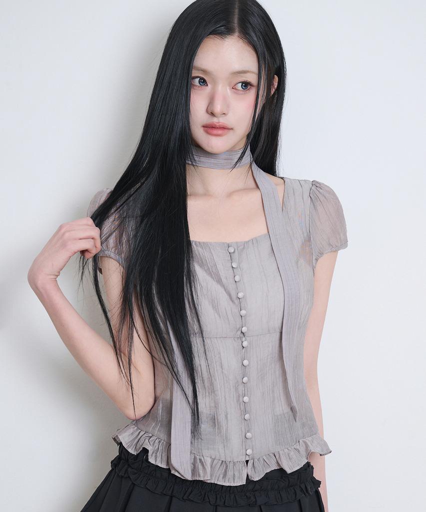 ILLIGO Ribbon Tie Square Neck Blouse Gray